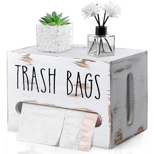 DRASTAR Trash Bag Holder, Wooden Stackable Trash bag Dispenser Wall Mount, Large Garbage Bag Dispenser for for 13-gallon Trash Bags Roll Holder, Kitchen Laundry Room Organization, Retro White - color: Retro White, size: Large