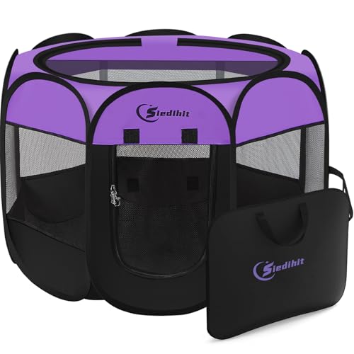 Siedihit Dog Playpen, Puppy Pet Playpen, Dog Crate Tent Cage Indoor/Outdoor, Portable Pop Up Dogs Kennel Playpen with Carrying Case for Dogs/Cats/Rabbits, Purple, Medium - color: Purple