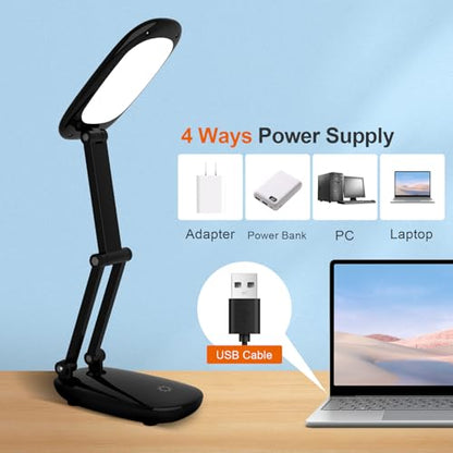 Akejrym LED Desk Lamp for Office Home & Battery Operated Lamp Rechargeable Lamp Foldable & Portable Light, [2-Fold Bracket] 3 Brightness Dimmable Small Desk Lamp Wireless Reading Lamp (Black) - color: Black