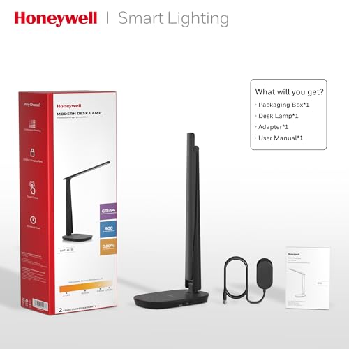 Honeywell HWT-H2 LED Desk Lamp for Home Office, CRI94 Full Spectrum Eye-Caring Light, Dimmable Table Lamp with USB-A & USB-C Charging Ports, Foldable Touch Control Reading Lamp, Black - color: Black