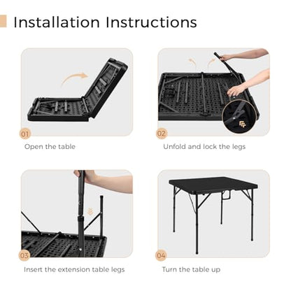 pollilar 34" Folding Card Table Square Foldable Table Plastic Portable with Detachable Legs, Dual Height Adjustable, Heavy-Duty Indoor Outdoor Dining, Game, Picnic, Mahjong Tables-Black - color: Black