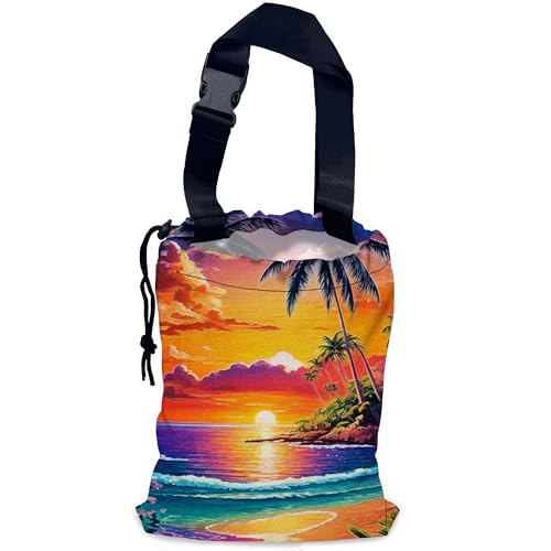 Beach Sunrise Car Garbage Bag,Palm Tree Waterproof Small Car Trash Bag Hanging Back of Seat,Drawstring Hanging Car Trash Bag with Adjustable Buckle for Car Accessories - color: Beach Sunrise
