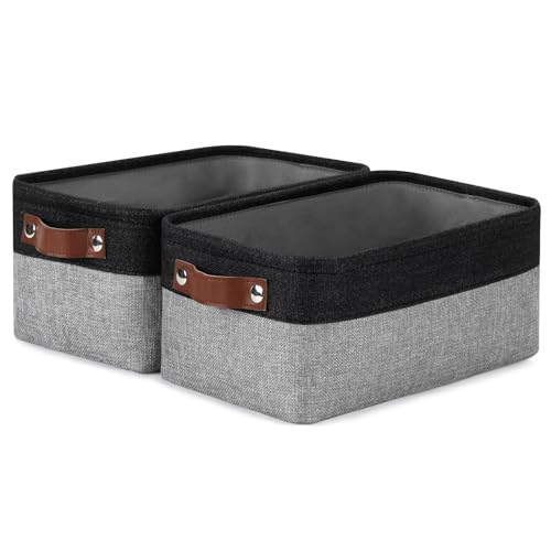 DULLEMELO Small Storage Baskets for Organizing - 11.8x7.9x5.1 inch Collapsible Storage Bins Set of 2 cloth storage bins for organizing Books and towel storage (Black&Grey) - color: Black&Grey-Leather Handles, size: 2P-11.8"x7.9"x5.1"