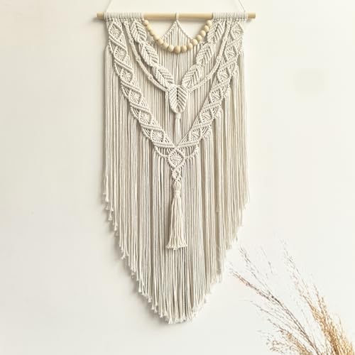 Macrame Wall Hanging Boho Geometric Woven Tapestry Cotton Handmade Bohemian Art Decor with Wood Bead Wall Decor for Bedroom Living Room Apartment Nursery 31.5" L x 17" W (Wood Bead-Y) - color: Wood bead-Y