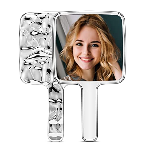 Handheld Mirror, Water Ripples Hand Mirror with Handle for Make up, Square, Silver, Medium (5 x 9 inches) - color: Square+silver, size: 9"L x 5.1"W