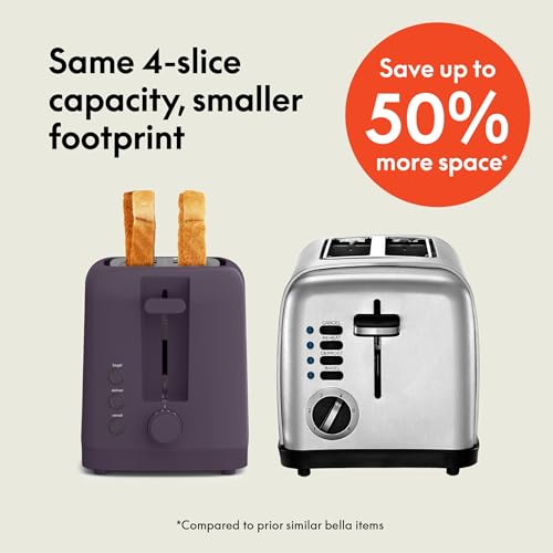 bella 4 Slice Slim Toaster, Fits-anywhere™ Kitchenware, 6 Setting Shade Control with Reheat & Cancel Buttons, Fits Sourdough, 10” Long Slot, Anti Jam & Auto Shutoff, 900 Watt, Plum - color: Plum, size: 4 Slice