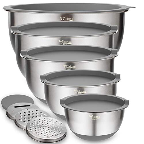 Wildone Mixing Bowls with Airtight Lids Set, 5PCS Stainless Steel Nesting Bowls Set for Kitchen, with Grater Attachments & Non-Slip Bottoms, Size 5, 3, 2, 1.5, 0.63 QT, Great for Baking & Serving - color: Gray