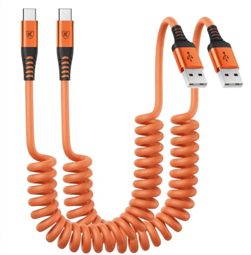 USB to USB C Cable Fast Charging 60W, [2Pack, 3FT] Coiled USB A to USB C Cable for Car, USB Type C Cable iPhone Charger USBC Cord for iPhone 17/16/15/Pro Max/Plus/Samsung Galaxy S26/S25/Ultra-Orange - color: Orange, size: 3FT