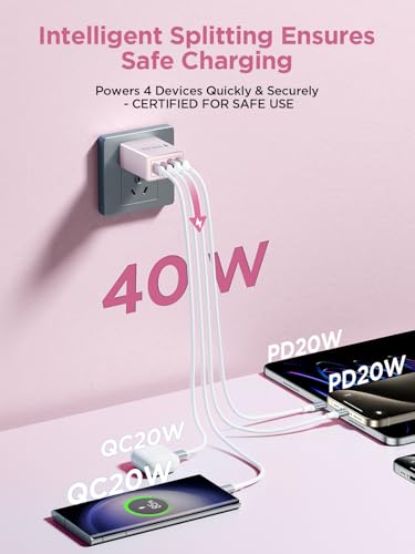 [2-Pack] USB C Charger Block, 4 in 1 USB C Wall Charger PD 3.0 40W Charging Blocks, QC 2A USB Wall Charger for iPhone 17 16 15 14 13 12 Pro Max, iPad, iPod - color: Purple+Pink