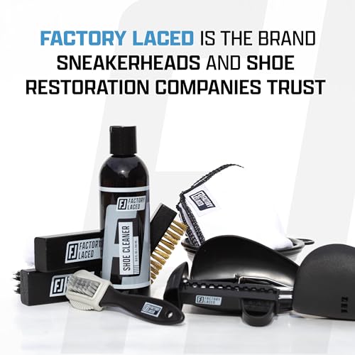 FACTORY LACED Shoe Cleaning Kit – Complete Sneaker Cleaner with 4 Brushes, 8oz Solution, Shoe Trees & Microfiber Towel – Works on Leather, Suede, Canvas & Mesh