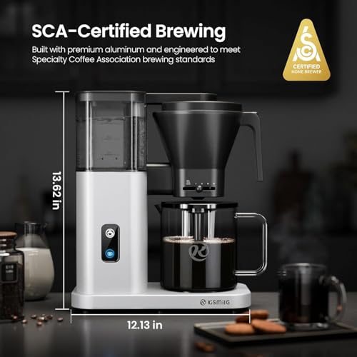Kismile SCA-Certified 8 Cup Drip Coffee Maker, Pour Over Coffee Machine with 3s Instant Heat 197–205℉, Adjustable Flow Control, Removable Water Tank, Deep Cold Brew & 40 Min Keep Warm (Pearl White) - color: White