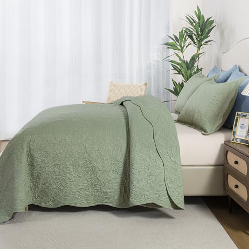 HoneiLife Queen Quilt Bedding Sets - Microfiber Quilt Sets for Queen Bed, 3-Piece Lightweight Bedspreads,Reversible Coverlets Rustic Bedlinen Sets, Embroidered Bedding Sets All Season Quilts - color: Pickle Green, size: Queen/Full-90"x96"