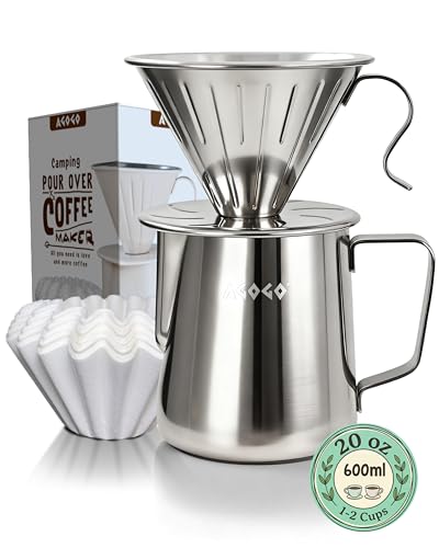AGOGO Pour Over Coffee Maker Set - Unbreakable 304 Stainless Steel V60 Dripper & Server for Camping & Home, Includes 50 Paper Filters & Barista Towel - Silver - 20oz - color: A01-Silvery, size: 20oz / 600ml (Full Set)