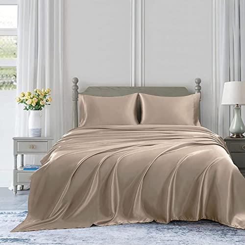 Homiest 3pcs Satin Sheets Set Luxury Silky Satin Bedding Set with Deep Pocket, 1 Fitted Sheet + 1 Flat Sheet + 1 Pillowcase (Twin XL Size, Taupe) - color: Taupe, size: Deep pocket - Twin XL size