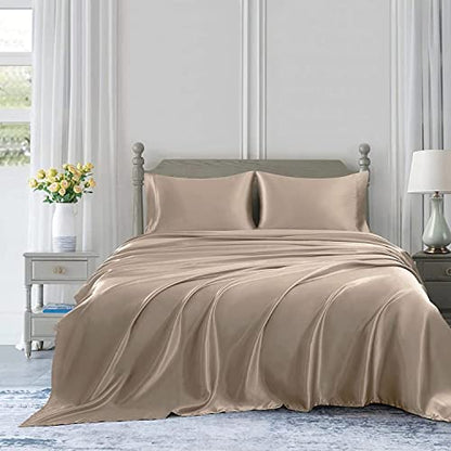 Homiest 3pcs Satin Sheets Set Luxury Silky Satin Bedding Set with Deep Pocket, 1 Fitted Sheet + 1 Flat Sheet + 1 Pillowcase (Twin XL Size, Taupe) - color: Taupe, size: Deep pocket - Twin XL size