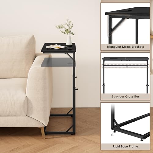 Vagusicc C Shaped End Table with Charging Station, C-Table End Table Adjustable Height Side Table for Couch, Large Couch Tables,Slide Under Sofa Tables TV Tray Arm Tables for Living Room,Bedroom,Black - color: Black, style: With Plug
