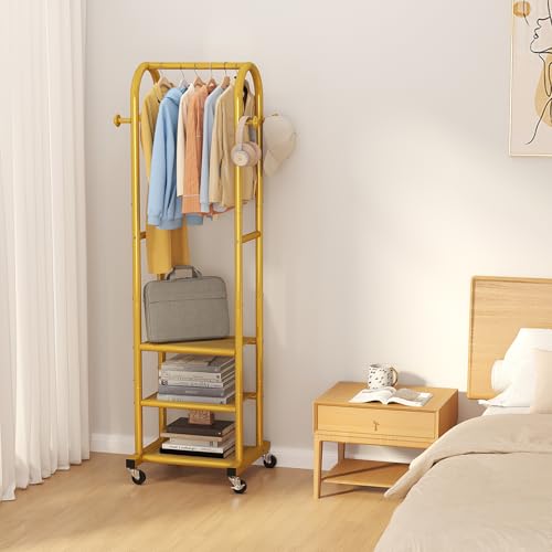 Dttwacoyh Metal Clothing Rack with Wheels and Hanging Hooks,Narrow Coat and Shoe Rack,Small Hall Tree,for Small Space, Bedroom, entryway, Walk-in Closet, Laundry Room-Gold - color: Gold