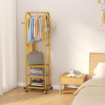Dttwacoyh Metal Clothing Rack with Wheels and Hanging Hooks,Narrow Coat and Shoe Rack,Small Hall Tree,for Small Space, Bedroom, entryway, Walk-in Closet, Laundry Room-Gold - color: Gold