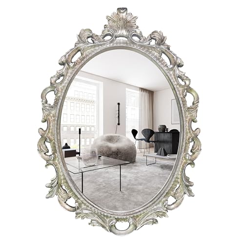 SIMON'S SHOP Silver Oval Wall Mirror, Gothic Scroll Frame 16.5 × 23.5 in | Vintage-style silver framed mirror with ornate scroll design for entryway, bedroom, bathroom, living room walls - color: Silver - 16.5 X 23.5 in, size: 23.5"L x 16.5"W