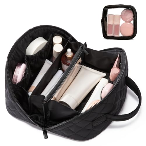LOVEVOOK Travel Makeup Bag for Women, 2Pcs Puffer Waterproof Cosmetic Organizer, Large Capacity Pouch Open Flat Small Toiletry Bag with Brush Compartment & Handle (Black, Medium) - color: Black, size: Medium