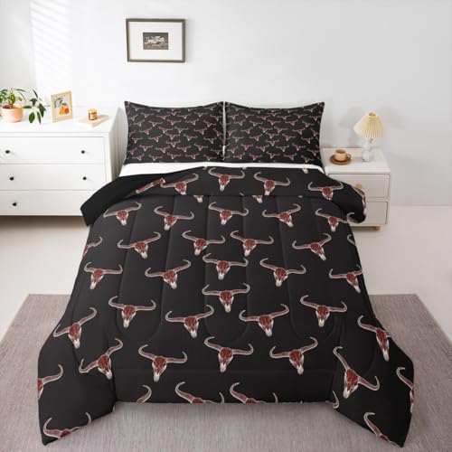 Erosebridal Bull Skull Comforter Set Toddler Ethnic Bohemian Bedding for Men Boys | Tribal Steer Skull Wildlife Aztec Bedroom Decor Farmhouse Cabin Lodge Duvet Insert with 1 Pillow Case,Black Red - color: Black Red, size: Toddler