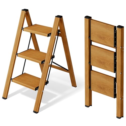 Mayi Plus 3 Step Ladder,Aluminum Folding Step Stool for Adults,Step Ladder with Wide Anti-Slip Pedal,330 lbs Capacity for Home,Office,Kitchen,Library(Woodgrain) - color: Woodgrain, size: 3 Step