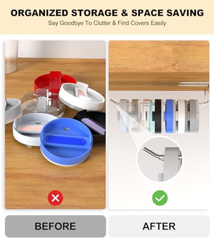 2pc Tumbler Lid Organizer Up to 30 Lids, Cup Lid Hook for Kitchen Inside Cabinets, Upgraded Cup Lid Holders for Yeti/Stanley/Simple Modern Tumblers, Self-Adhesive or Drilling