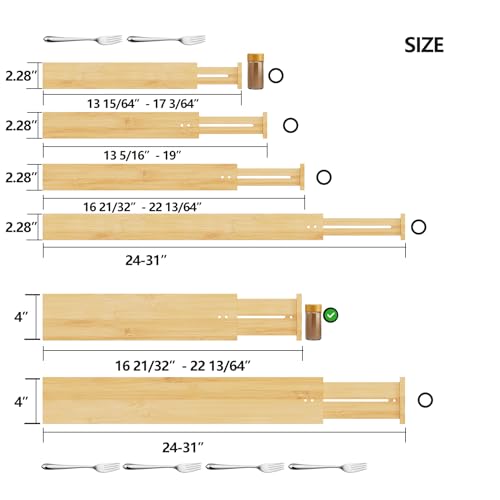 BAMEOS Bamboo Expandable Drawer Dividers – Fits 16.65"–22" Drawers, 4" Extra Deep Walls, Set of 4 | Maximum-Height Spring-Loaded Organizer for Deep Kitchen, Bathroom & Dresser Drawers - size: 4''H, 16.65''-22''L