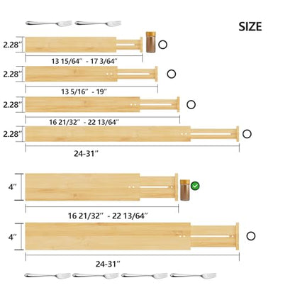 BAMEOS Bamboo Expandable Drawer Dividers – Fits 16.65"–22" Drawers, 4" Extra Deep Walls, Set of 4 | Maximum-Height Spring-Loaded Organizer for Deep Kitchen, Bathroom & Dresser Drawers - size: 4''H, 16.65''-22''L
