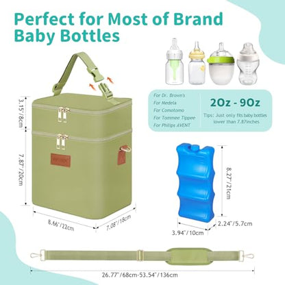 PIIOSER Breastmilk Cooler Bag with Ice Pack Fits 6 Baby Bottles Up to 9 Ounce, Insulated Baby Bottle Tote Bags, Double Layer Waterproof Leak-Proof with Shoulder Strap for Nursing & Working Mom (Green) - color: Green