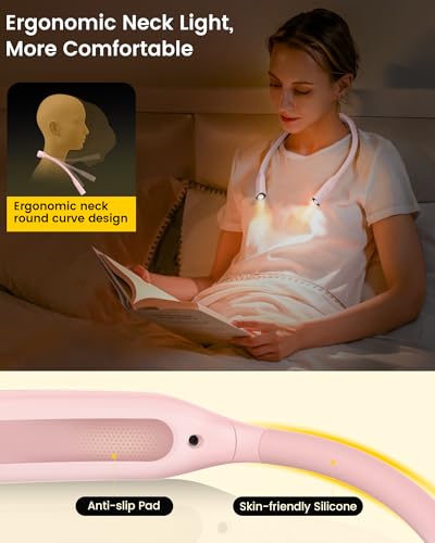 Glocusent Lightweight Neck Light for Reading in Bed, 1200mAh Rechargeable Book Light, Hands-Free Reading Light, 5 Colors, 5 Brightness Adjustable, Private Bedtime Reading for Book Lover - color: Pink