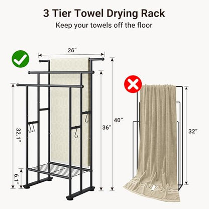 ELYKEN 3 Tier Standing Towel Rack, 40'' Tall Towel Drying Rack Outdoor, Freestanding Floor Towel Rack with Shelf, Pool Towel Blanket Stand, Metal Towel Racks for Bathroom freestanding, Matte Black - color: Black