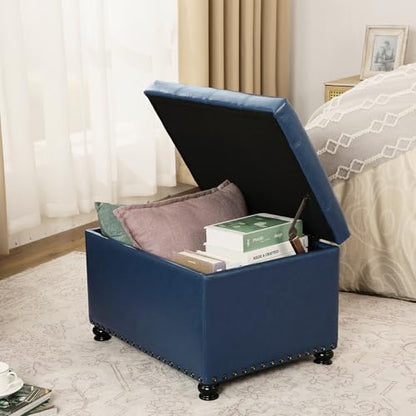 Joveco Faux Leather Storage Ottoman Bench Rectangle 24 Inch Foot Rest Ottomans - color: Blue Faux Leather
