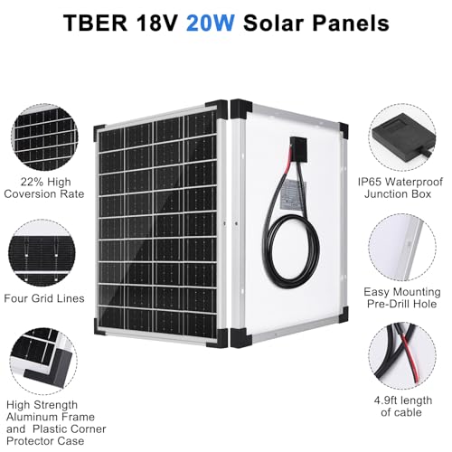 TBER Solar Panel Kit 20W 12V, Solar Battery Charger with 10A Charge Controller and Extension Cables with Battery Clips O-Ring Terminal for Car Motorcycle RV Marine Boat Camper Other Off Grid System - size: 20W