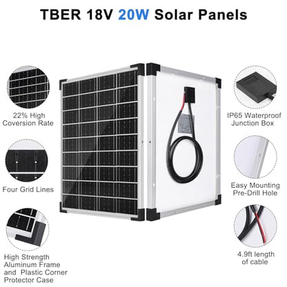 TBER Solar Panel Kit 20W 12V, Solar Battery Charger with 10A Charge Controller and Extension Cables with Battery Clips O-Ring Terminal for Car Motorcycle RV Marine Boat Camper Other Off Grid System - size: 20W