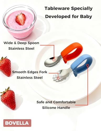 Toddler Utensils, Stainless Steel Baby Forks and Spoons Set with Silicone Handle, Kids Silverware with Portable Storage Case, Baby Feeding Essentials, Dishwasher Safe (Blue+Red) - color: Blue+Red