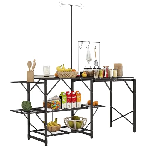 Outsunny Folding Camp Kitchen Table, Portable Camping Cooking Station with Adjustable Lantern Holder, Hanging Hooks and Carrying Bag for Outdoor Picnic Beach BBQ Traveling