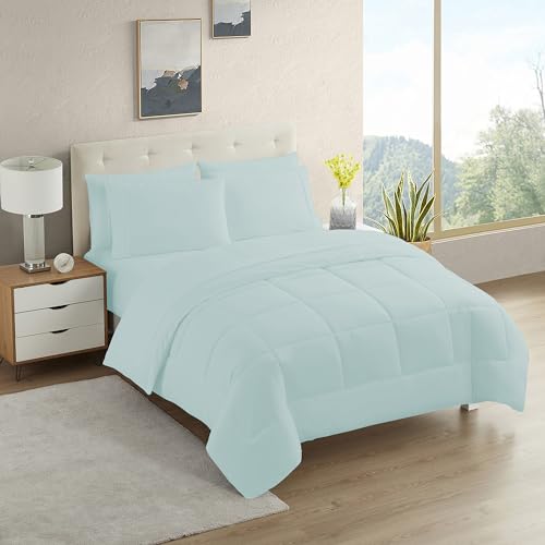 Sweet Home Collection 7 Piece Comforter Set Bag Solid Color All Season Soft Down Alternative Blanket & Luxurious Microfiber Bed Sheets, Aqua, Twin - color: Aqua, size: Twin