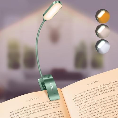Gritin 16 LED Rechargeable Book Light for Reading in Bed- Eye Caring 3 Color Temperatures, Stepless Dimming Brightness, 80 Hrs Runtime, Lightweight Flexible Clip on Light for Book Lovers-Green | Eye Caring 3 Color Temperatures, Stepless Dimming Brightness