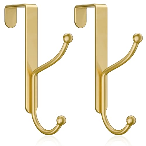 niffgaff Over Door Hook 2-Pack, Heavy Duty Door Hanger, Fits Interior Doors 1.4 Inches Thick, Organize Coats, Hats, Towels, and Bags for Entryways, Bathrooms, Bedrooms, and Kitchens, Gold - color: Gold, size: 2 Pack-4 Hooks