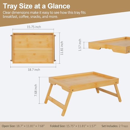 Breakfast Tray with Folding Legs Set of 2, Bamboo Bed Tray Table 15.7" Foldable TV Dinner Tray with Ergonomic Wave Handles for Bed Couch Sofa, Breakfast, Snacks, Coffee, Natural - color: Natural, size: Medium