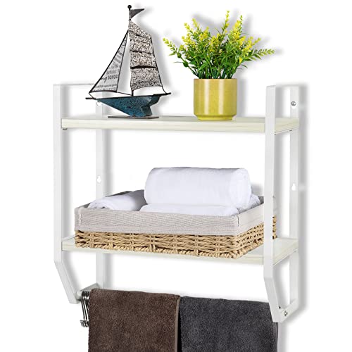 OYEAL Bathroom Shelf with Towel Bar Wall Mounted Towel Rack Rustic Towel Shelf for Bathroom with 5 Hooks, 2 Tier Shelf Storage Organizer for Living Room, Kitchen, Bedroom, White - color: White