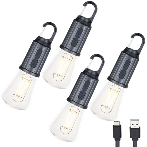 4 Pack Rechargeable Camping Lights, Hanging LED Tent Bulbs with Hook, 3 Lighting Modes Portable Lanterns for Camping, Hiking, Backpacking & Emergency Outages (Black) - color: Camp Light, Conical, size: 4-Pack