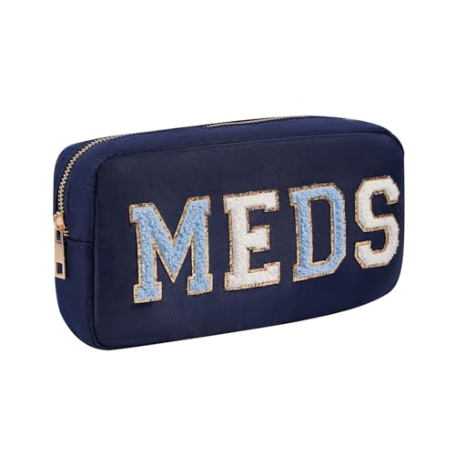 Chenille Letter Patch Nylon Medicine Packages,Cute MEDS Travel Makeup Bag with Metal Zipper, First Aid Purse Organizer Cosmetic Bag for Women and Girls(03Navy) - color: 03Navy