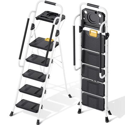KINGRACK Folding 5-Step Ladder, 800 lbs Capacity Step Stool with Safety Lock, Tool Tray, Non-Skid Wide Steps, Handrail, Household Folding Ladder for Home, Garden, Painting, Outdoor, and Garage, White - size: 5-STEP
