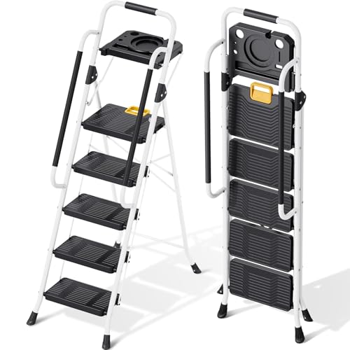 KINGRACK Folding 5-Step Ladder, 800 lbs Capacity Step Stool with Safety Lock, Tool Tray, Non-Skid Wide Steps, Handrail, Household Folding Ladder for Home, Garden, Painting, Outdoor, and Garage, White - size: 5-STEP