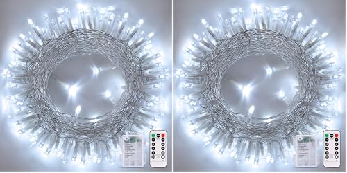 JMEXSUSS White Christmas Lights with Remote, 33ft 100 LED Battery Operated Christmas Lights, 8 Modes Outdoor Indoor String Light for Xmas Bedroom Tree Yard Porch Wedding (Pack of 2) - color: Cool White, size: 1*100LED (Pack of 2)