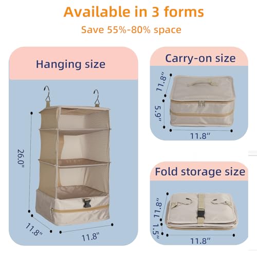 Portable Hanging Travel Shelves, Carry on Closet Suitcase Storage for Luggage, Hanging Packing Cubes Compression for Travel Essentials (L, Beige)