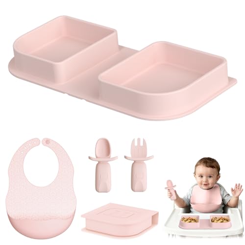Pink Silicone Foldable Baby Feeding Set, Baby Travel Essential Including Toddler Plates, Spoon&Fork, Adjustable Foldable Bib, Portable Infant Toddler Utensils - color: Pink