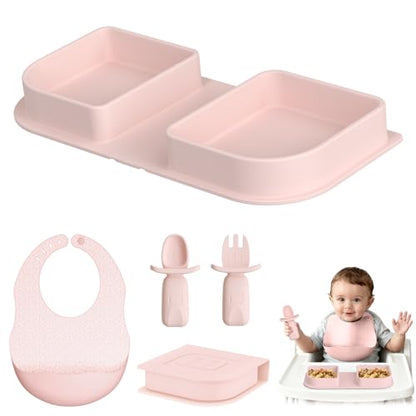 Pink Silicone Foldable Baby Feeding Set, Baby Travel Essential Including Toddler Plates, Spoon&Fork, Adjustable Foldable Bib, Portable Infant Toddler Utensils - color: Pink